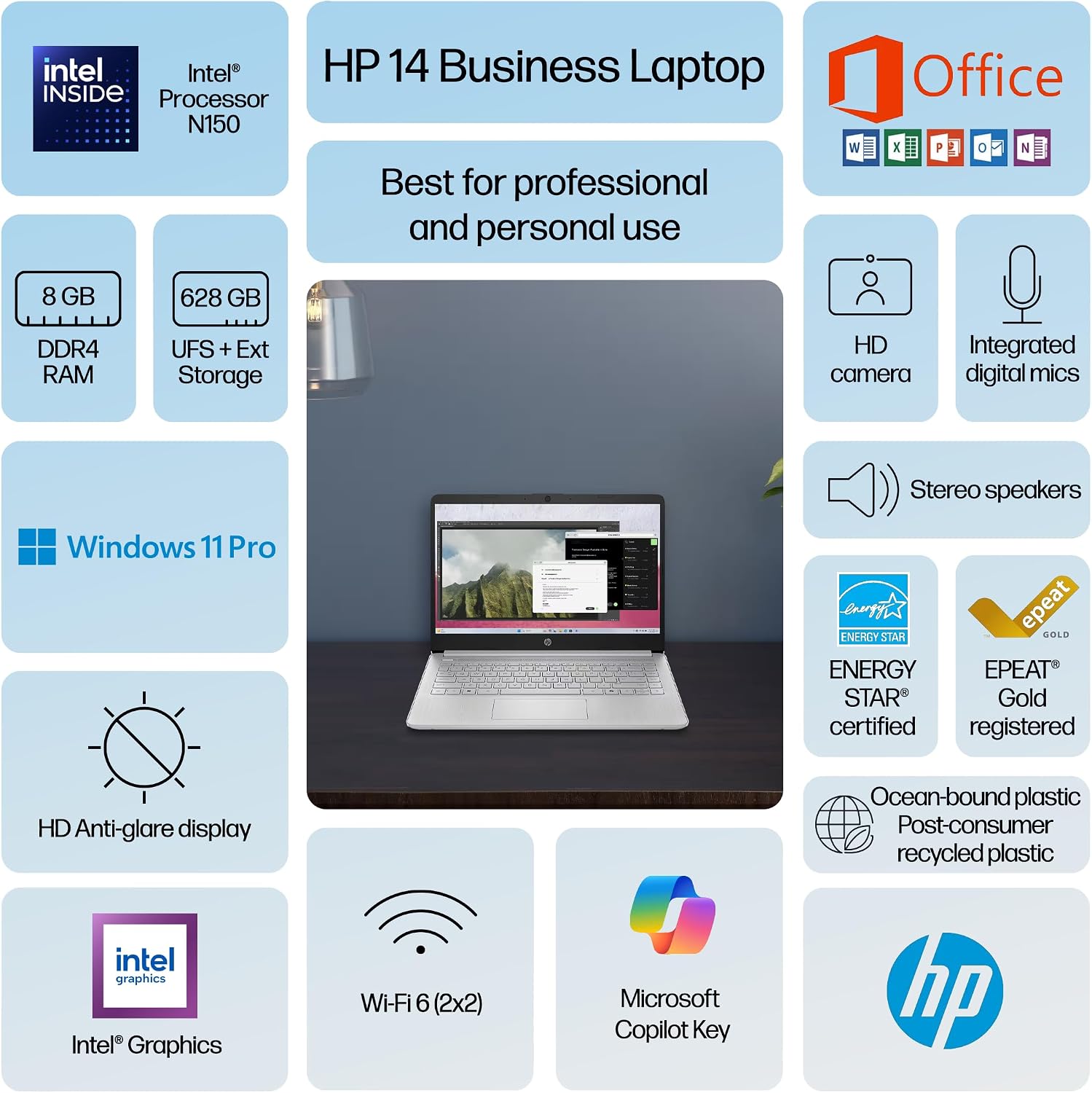 HP Ultrabook 14 Laptop Computer Business Study & Home 2025, Lifetime MS Office + Windows 11 Pro, Quad-Core Intel CPU, 8GB RAM & 628GB Storage (128GB UFS+500GB Ext), Wi-Fi 6, HubxcelAccessory, Silver