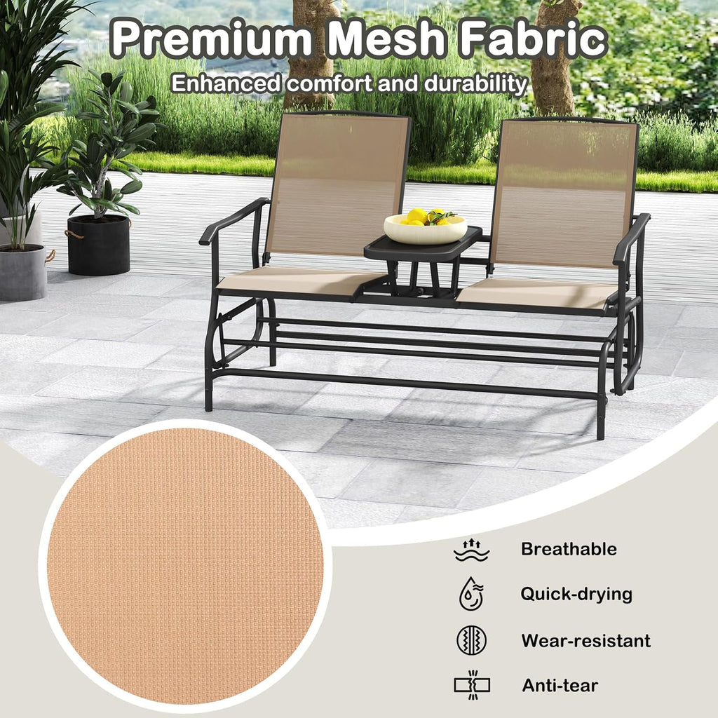 Tangkula 2 Person Swing Glider Chair, Patio Rocking Loveseat w/Center Tempered Glass Table, Outdoor Swing Bench w/Steel Frame & Breathable Mesh Fabric for Porch, Balcony, Poolside (Beige)
