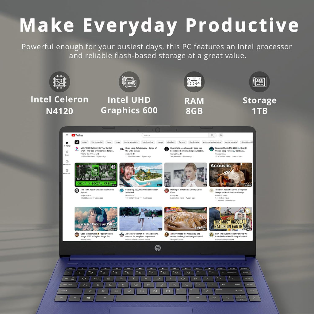 HP Stream 14″ HD Busines Laptops, Intel Celeron Processor, 8GB RAM, 1TB Storage (64GB eMMC + 1TB Docking Station Set), Intel UHD Graphics, 720p Webcam, WiFi, HDMI, Win 11, Blue