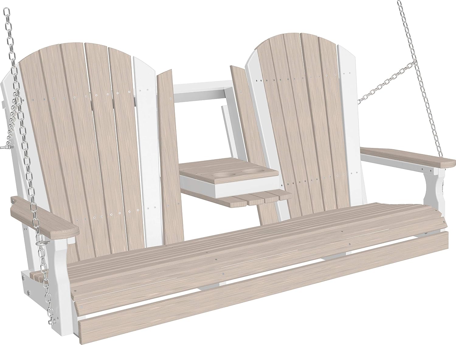 LuxCraft 5' Adirondack Hanging Front Porch Swing with Flip Down Console, Seats Up to 3, Outdoor Patio Swing Bench for Outside (Birch & White)