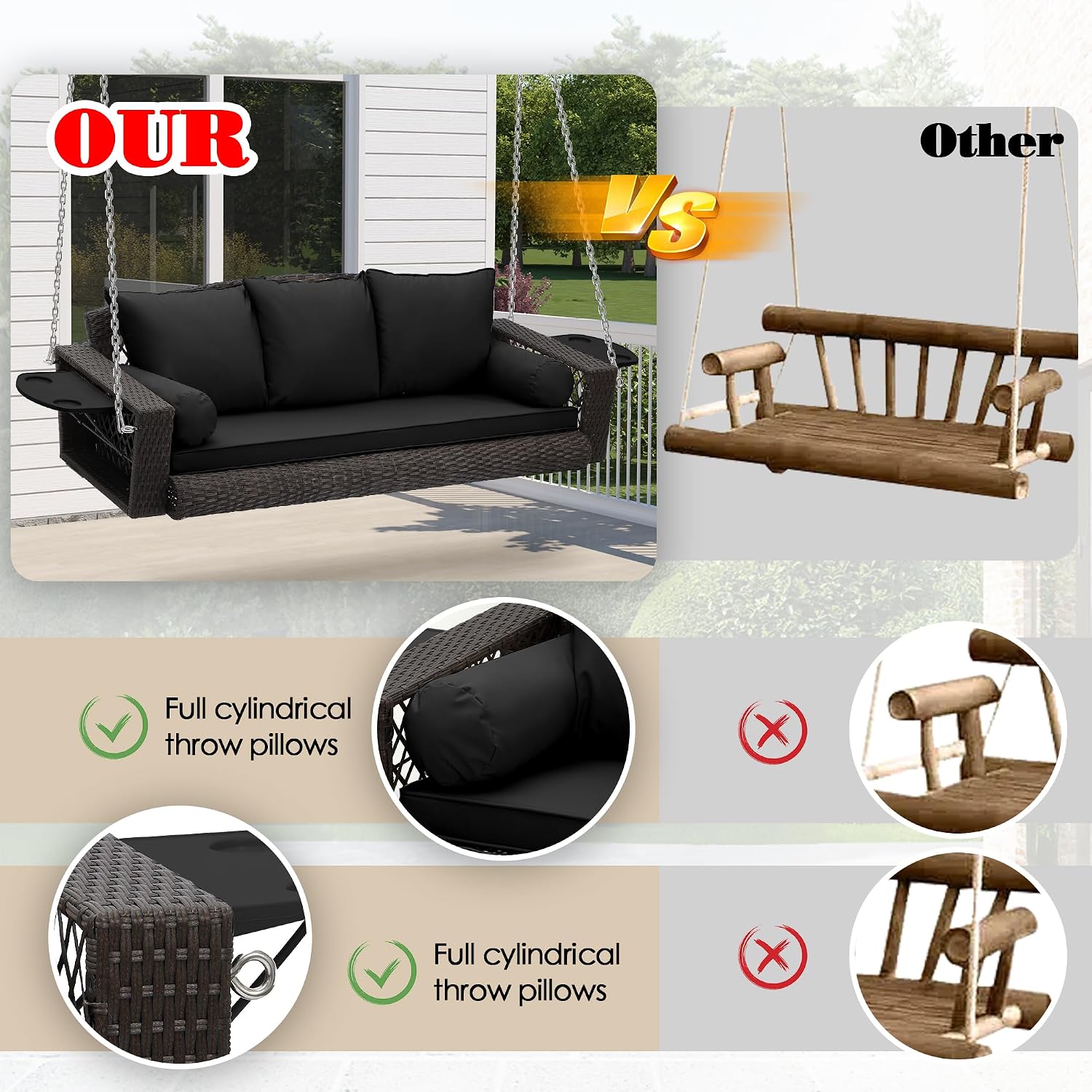 Grepatio 3 Person Porch Swing Patio Wicker Hanging Porch Swing Chair Outdoor Rattan Swing Bench with Cushion and Pillow for Garden, Yard, Lawn (Brown Rattan Black Cushion)