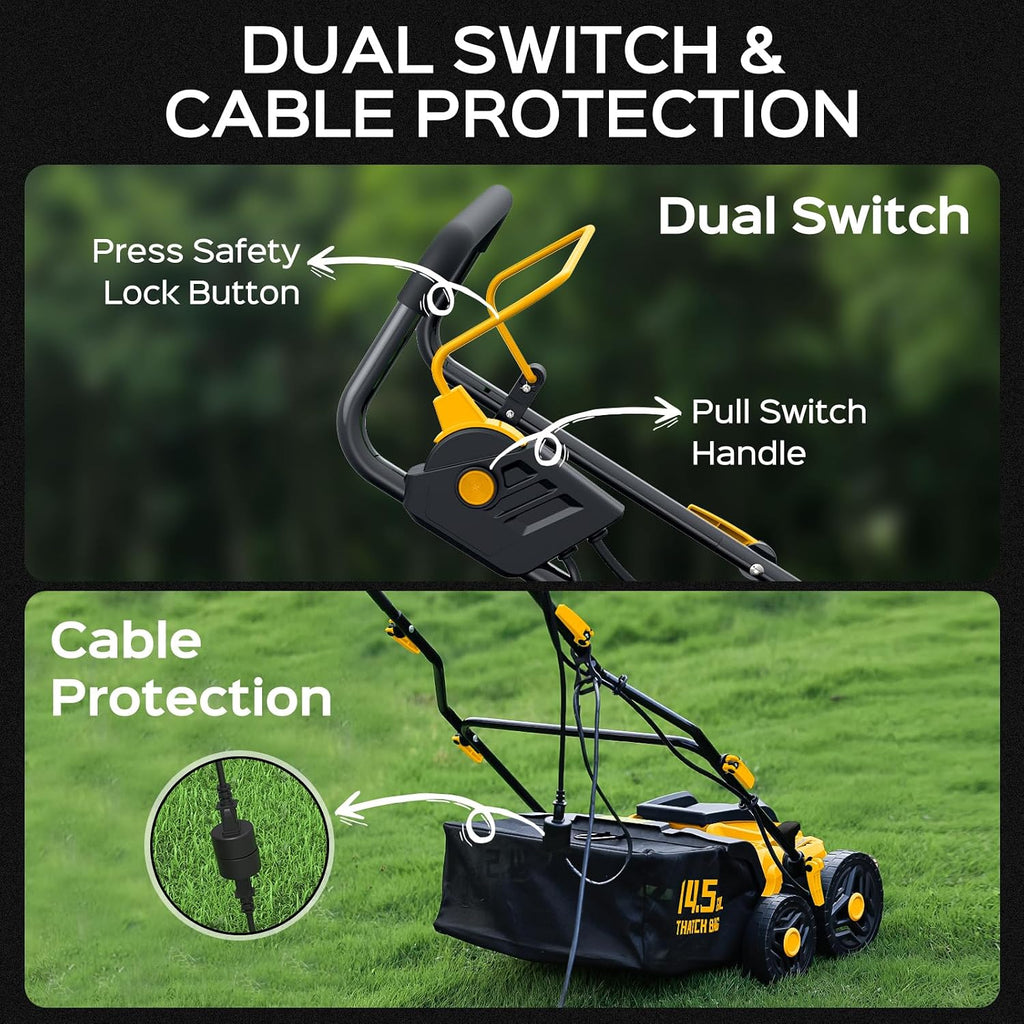 TIECTOWN 2026 Upgrade 16-Inch 15.5 Amp 2-in-1 Electric Dethatcher and Scarifier with 14.5-Gallon Collection Bag, Lawn Dethatcher with 5-Position Depth Adjustment, Keeps Lawn Healthy - Yellow