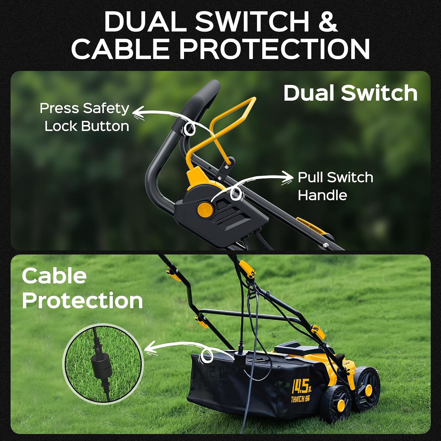 TIECTOWN 2026 Upgrade 16-Inch 15.5 Amp 2-in-1 Electric Dethatcher and Scarifier with 14.5-Gallon Collection Bag, Lawn Dethatcher with 5-Position Depth Adjustment, Keeps Lawn Healthy - Yellow
