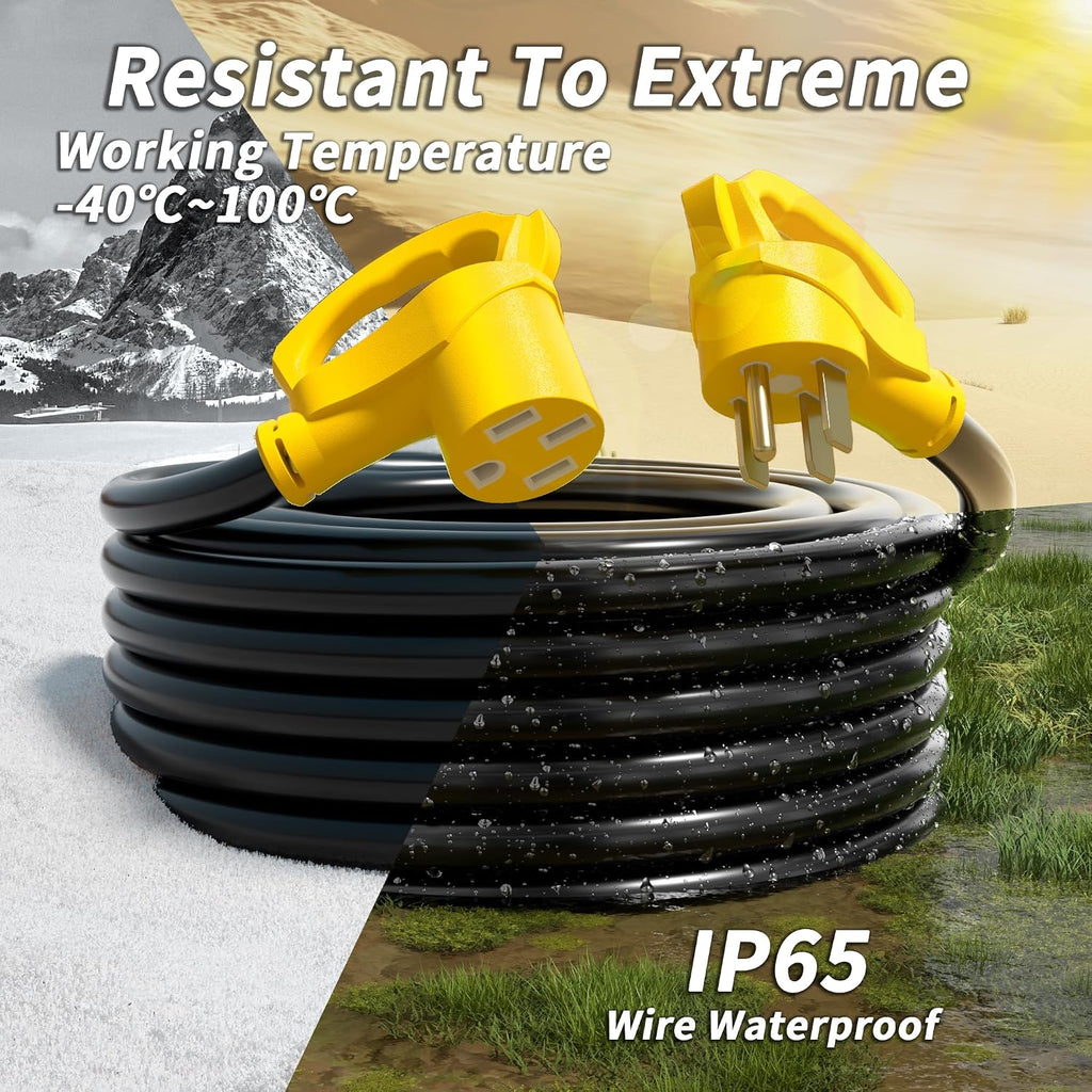 PlugSaf NEMA 14-50P/14-50R 50 FT 50 Amp RV/EV Extension Cord Outdoor with Grip Handle, 4 Prong Flexible Heavy Duty STW RV Power Cord Waterproof, 50A 125/250V 6250/12500W, Black-Yellow, ETL Listed