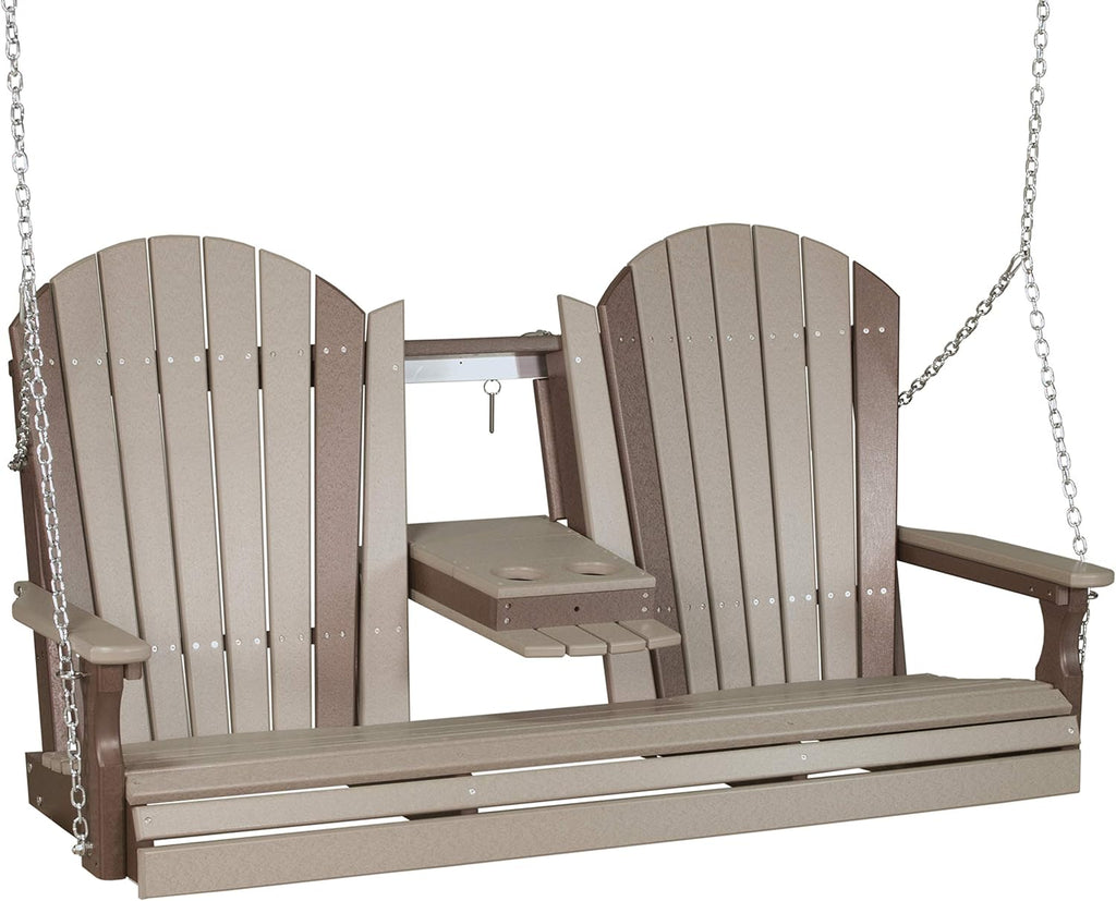 LuxCraft 5' Adirondack Hanging Front Porch Swing with Flip Down Console, Seats Up to 3, Outdoor Patio Swing Bench for Outside (Weatherwood & Chestnut Brown)