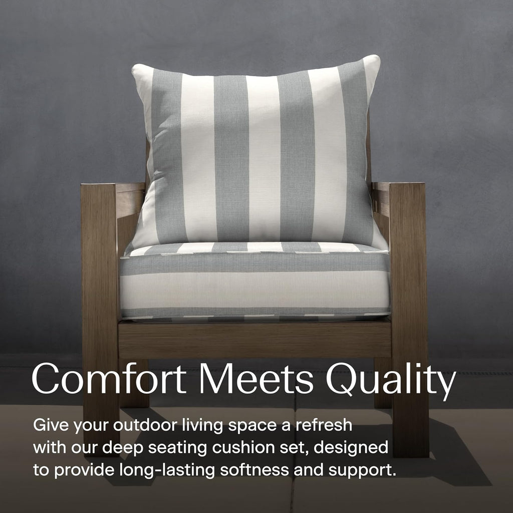 Honeycomb Outdoor Heritage Deep Seat, 24 x 23, Cabana Stripe Stone Grey Chair Cushion with Removable Cover, for Patio Furniture