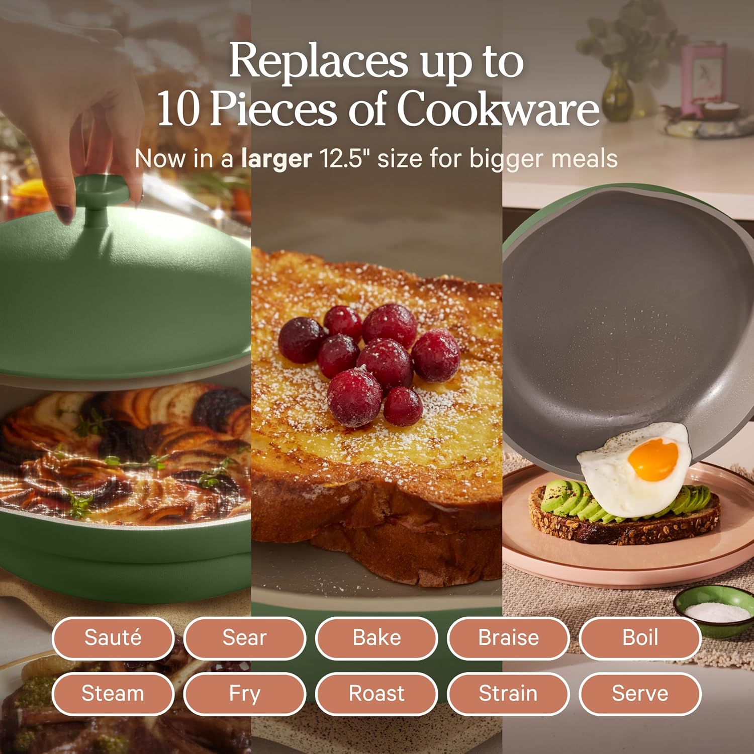 Our Place Large Always Pan | 12.5' Ceramic Pan with Modular Lid & Beechwood Spatula | Patented 10-in-1 Nonstick, Non-Toxic Cookware Made Without PFAS | Induction & Oven-Safe up to 450°F | Sage