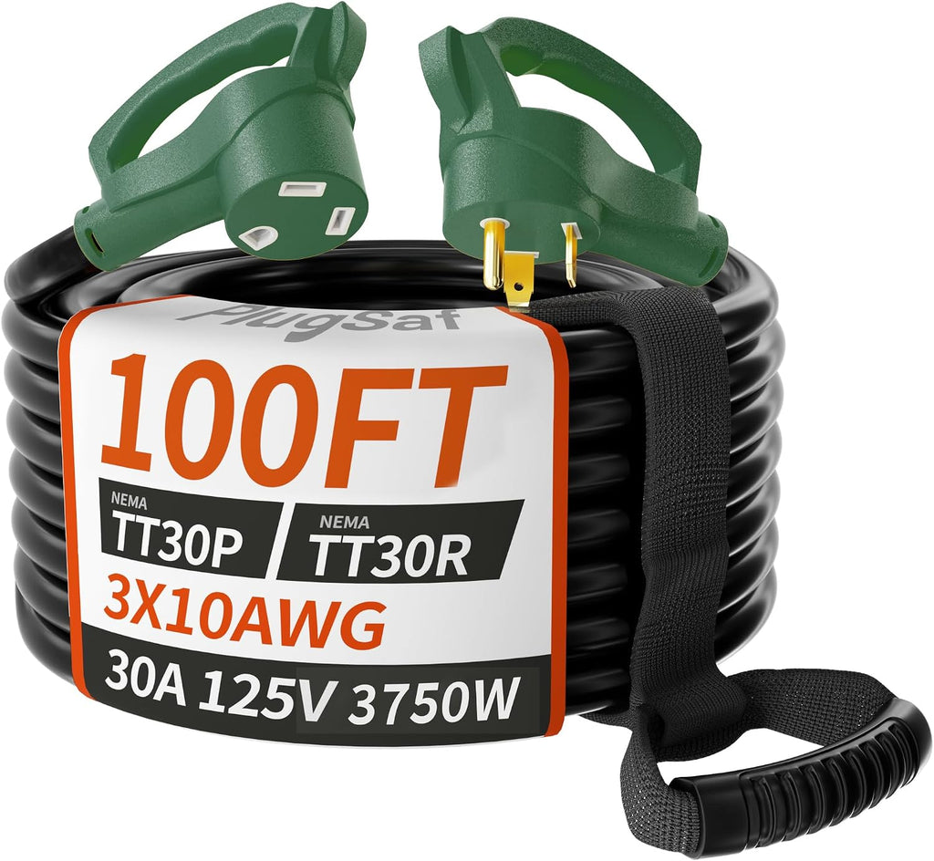 PlugSaf 100 FT 30 Amp RV Extension Cord Outdoor with Grip Handle, Flexible Heavy Duty 10/3 Gauge STW RV Power Cord Waterproof with Cable Organizer, NEMA TT-30P to TT-30R, Black-Green, ETL Listed