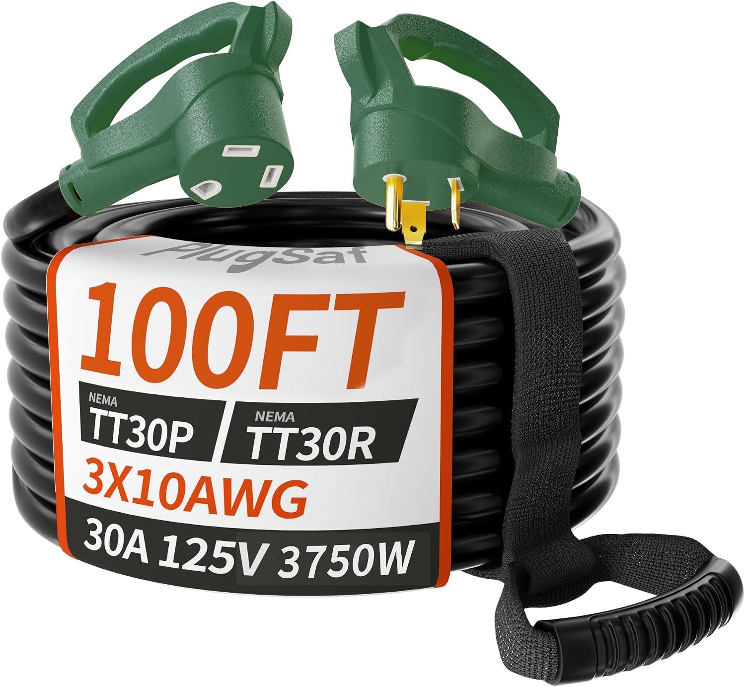 PlugSaf 100 FT 30 Amp RV Extension Cord Outdoor with Grip Handle, Flexible Heavy Duty 10/3 Gauge STW RV Power Cord Waterproof with Cable Organizer, NEMA TT-30P to TT-30R, Black-Green, ETL Listed