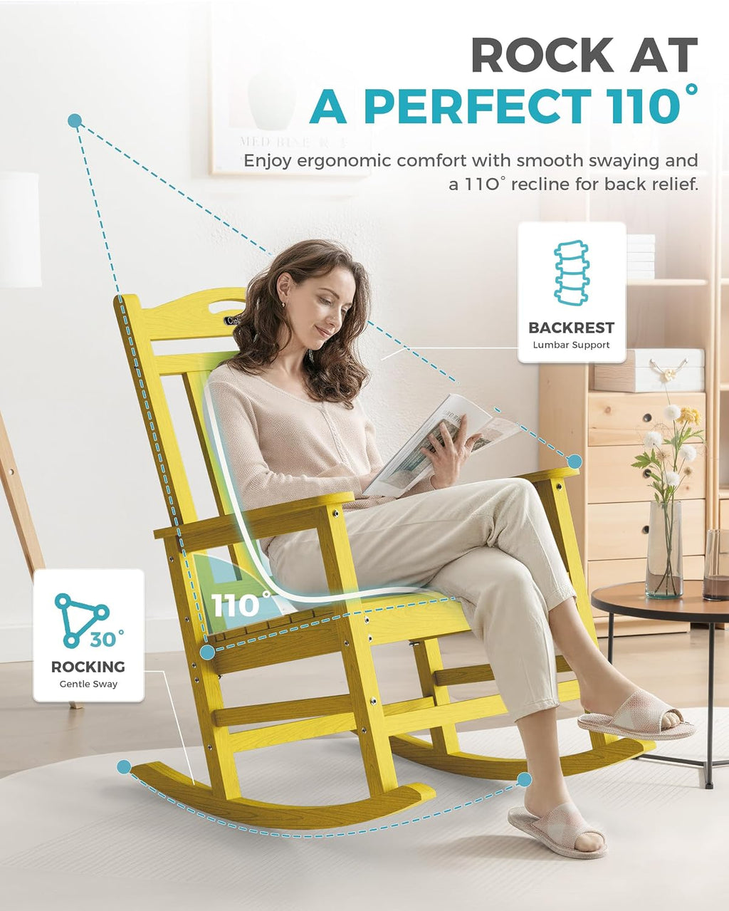 Ciokea Oversized Outdoor Rocking Chairs Set of 2, 380lbs Heavy-Duty Large Patio Rocker, High Back Cozy Porch Chairs, Weather Resistant Patio Rocking Chairs for Outside, Fire Pit, Deck, Citron Yellow