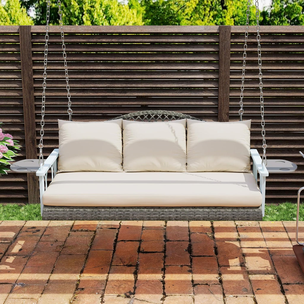 Outsunny 3 Person Wicker Porch Swing Chair Heavy Duty 800 LBS with Cup Holder, 57 Inch Outdoor Rattan Patio Hanging Swing Bench with Cushions and Chains for Garden, Backyard, Natural Wood