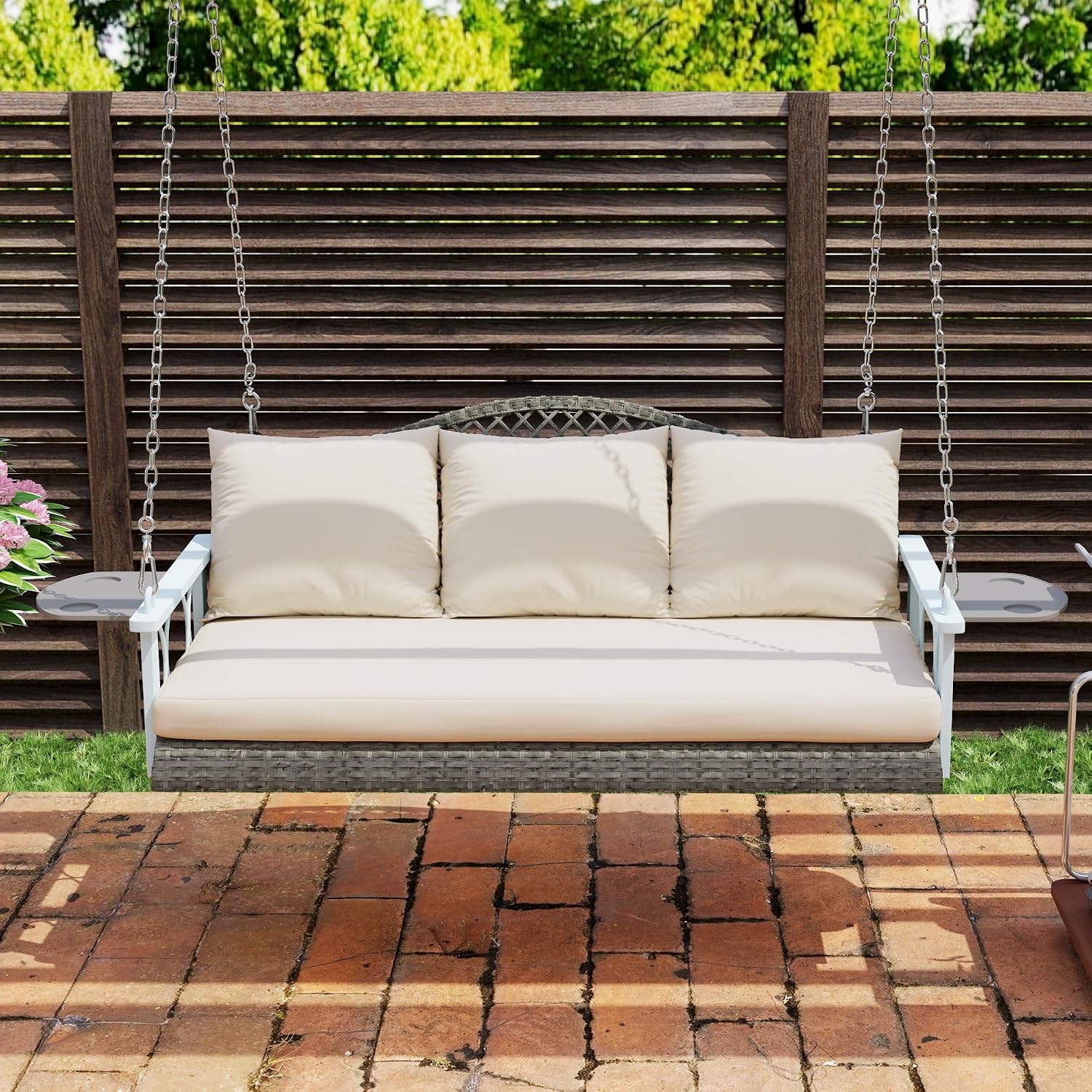 Outsunny 3 Person Wicker Porch Swing Chair Heavy Duty 800 LBS with Cup Holder, 57 Inch Outdoor Rattan Patio Hanging Swing Bench with Cushions and Chains for Garden, Backyard, Natural Wood