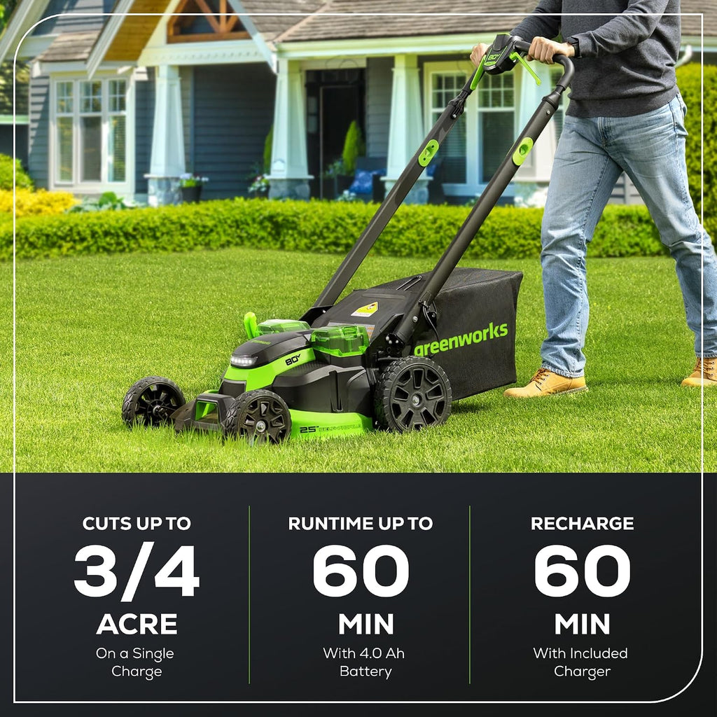 Greenworks 80V 25' Brushless Cordless (Self-Propelled) Dual Blade Lawn Mower (LED Headlight + Aluminum Handles), 4.0Ah Battery and Rapid Charger Included