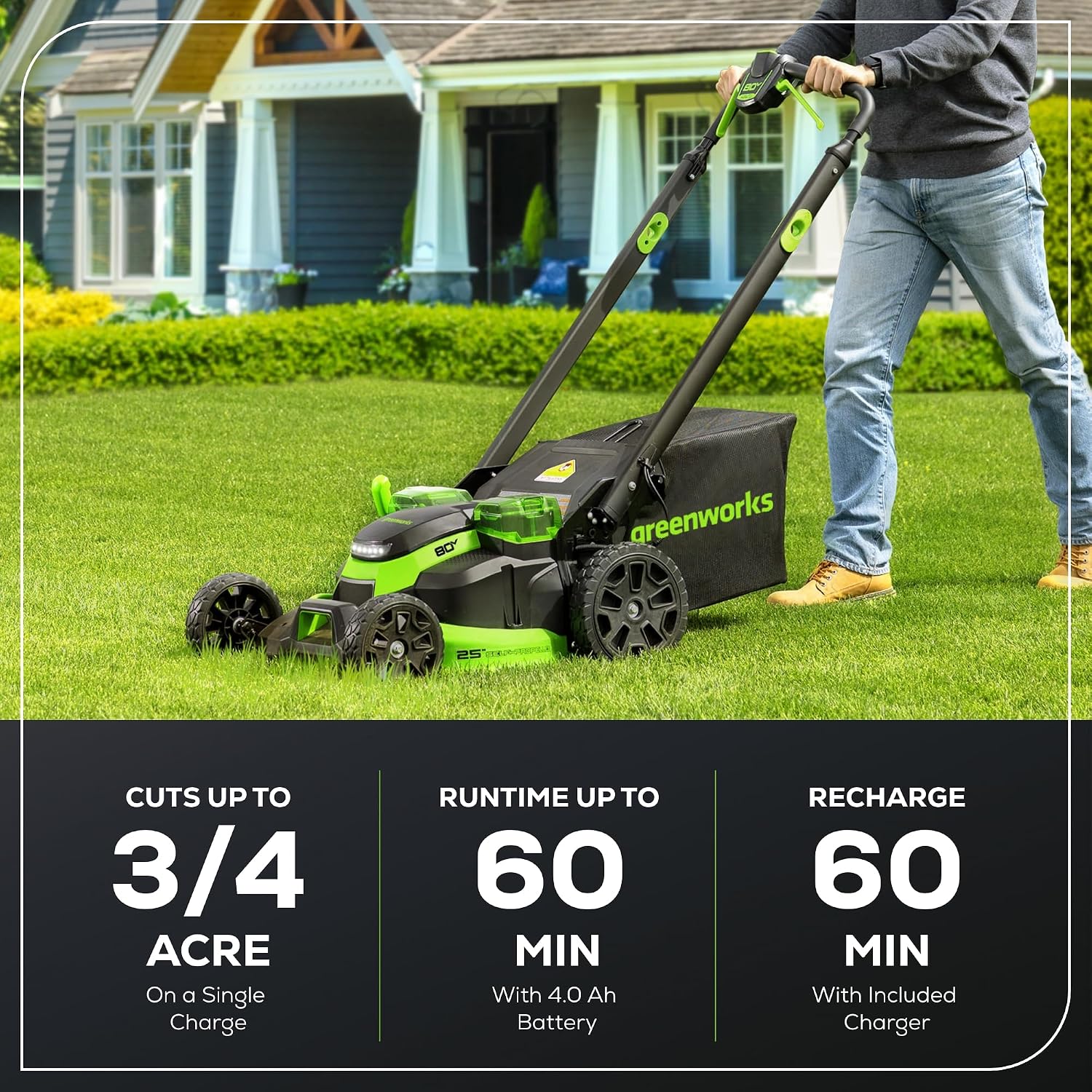 Greenworks 80V 25' Brushless Cordless (Self-Propelled) Dual Blade Lawn Mower (LED Headlight + Aluminum Handles), 4.0Ah Battery and Rapid Charger Included