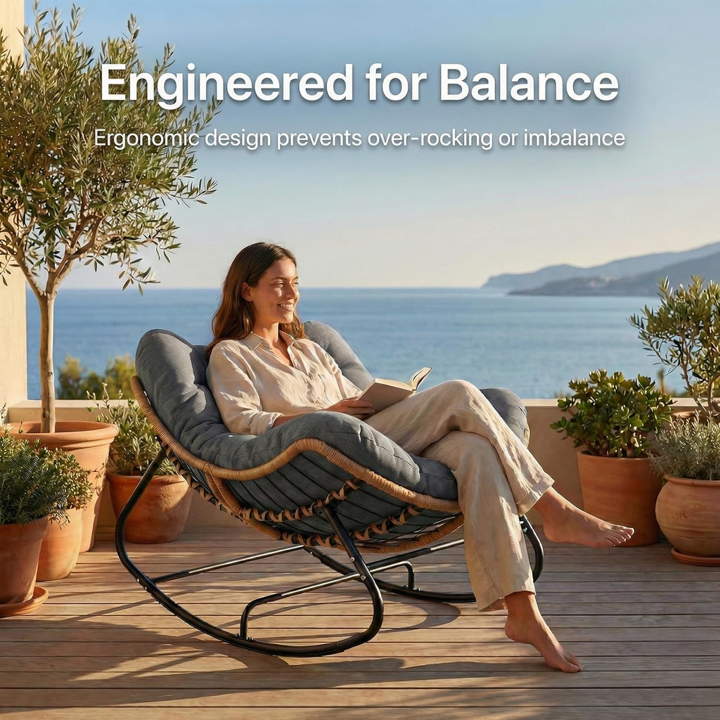Oversized Papasan Rocking Chair Outdoor, Comfy Wicker Patio Papasan Egg Rocker with Thick Cushion for 450 lbs, Indoor Lounge Reading Chair for Living Room, Porch, Garden, Balcony-Dark Gray