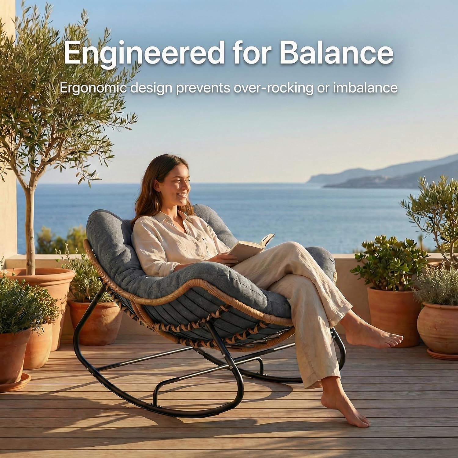 Oversized Papasan Rocking Chair Outdoor, Comfy Wicker Patio Papasan Egg Rocker with Thick Cushion for 450 lbs, Indoor Lounge Reading Chair for Living Room, Porch, Garden, Balcony-Dark Gray