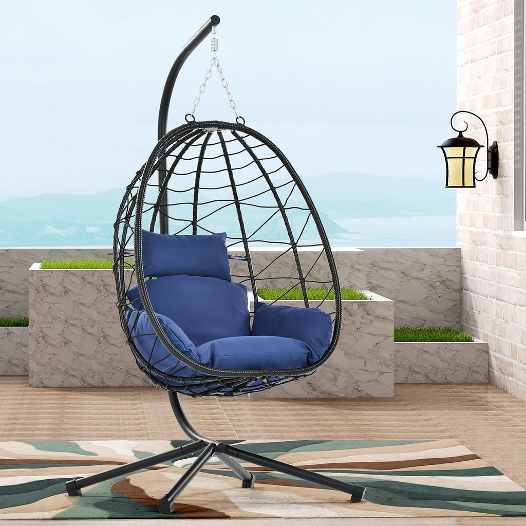 Hanging Egg Chair with Stand, Black Wicker Rattan Swing Egg Chair, Indoor Outdoor Swing Chair for Patio Balcony Porch Bedroom, 350 LBS Capacity (Navy Blue)