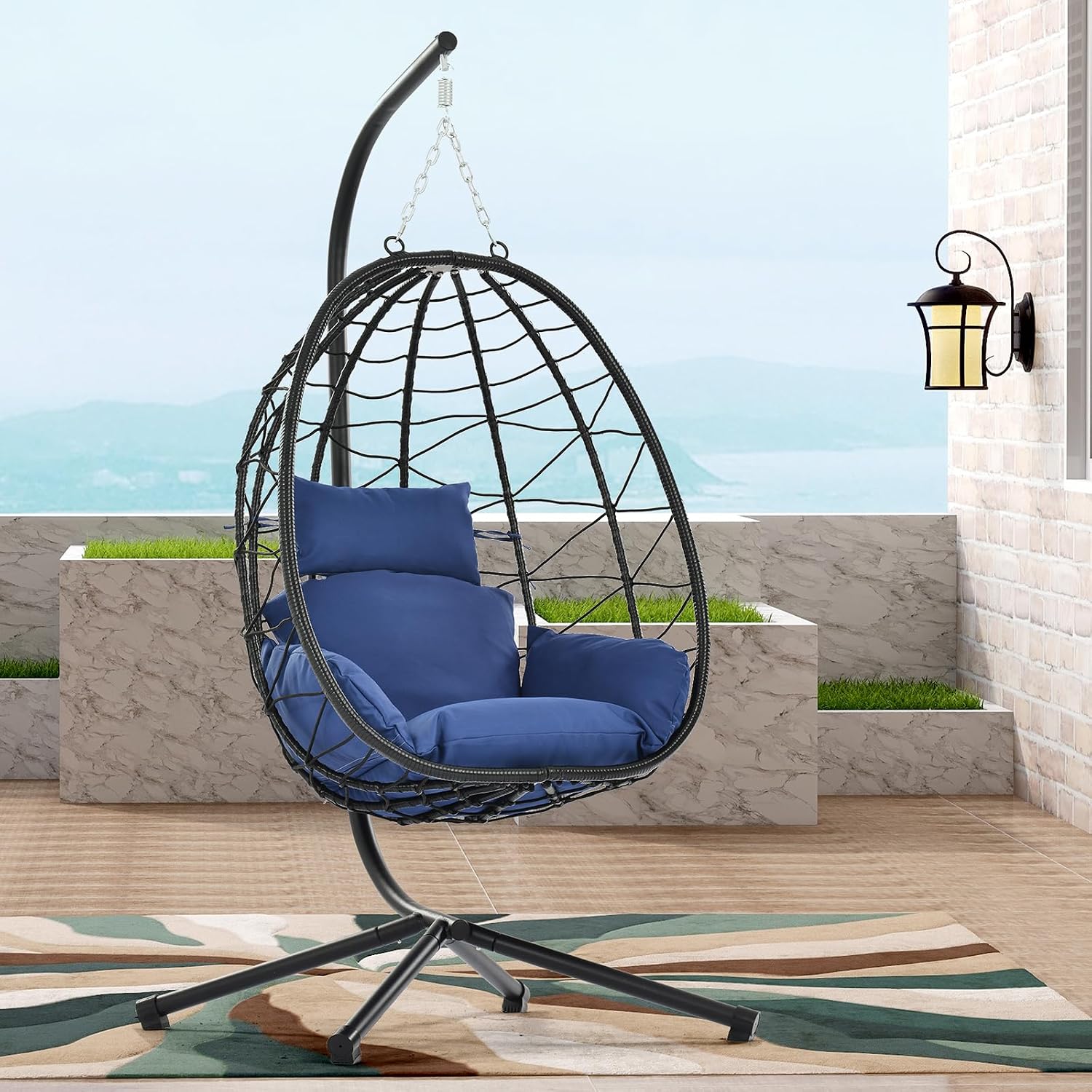 Hanging Egg Chair with Stand, Black Wicker Rattan Swing Egg Chair, Indoor Outdoor Swing Chair for Patio Balcony Porch Bedroom, 350 LBS Capacity (Navy Blue)