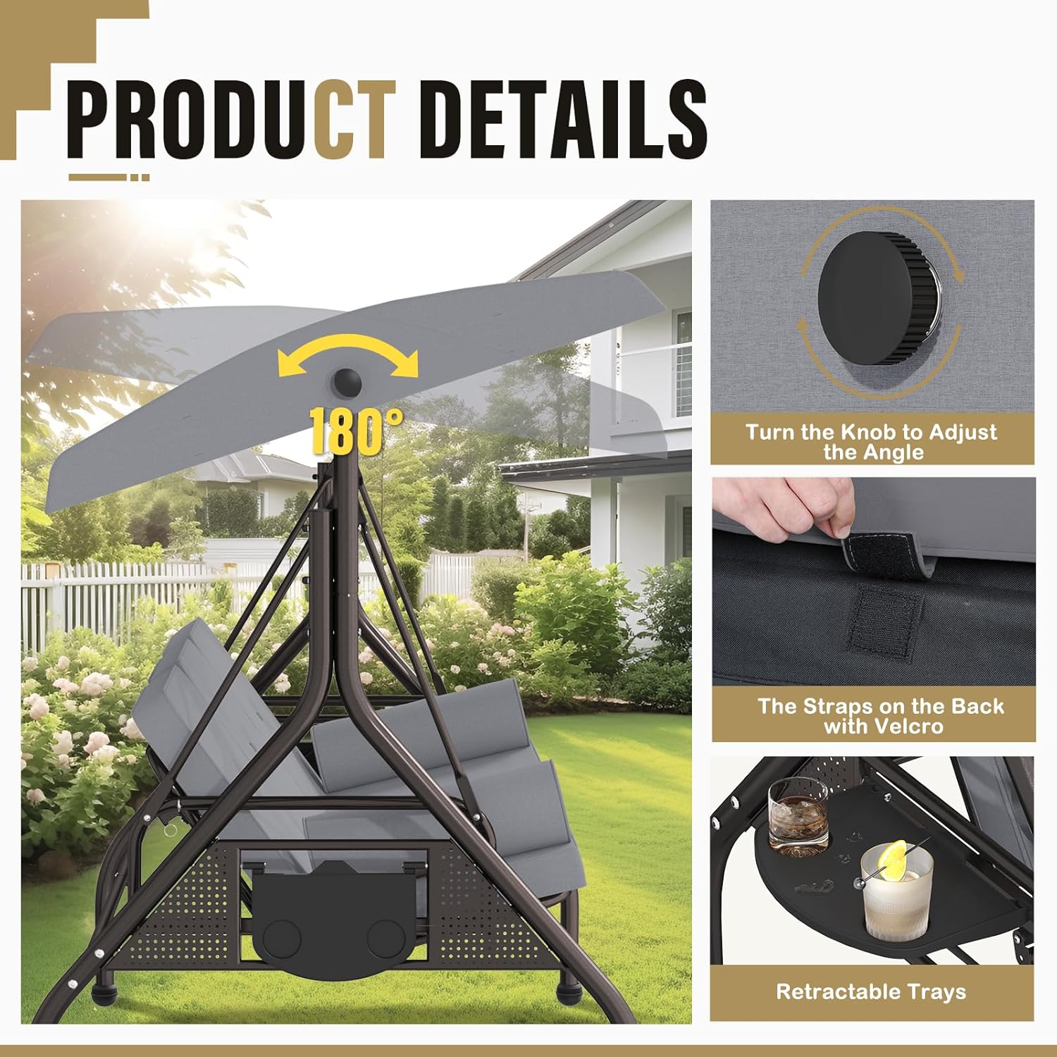 Betterland 3-Seat Patio Swing Chair, Outdoor Porch Swing with Cushions,Pillows & Cup Holders, Adjustable Canopy Outside Bench Swing for Backyard, Garden, Porch (Grey)