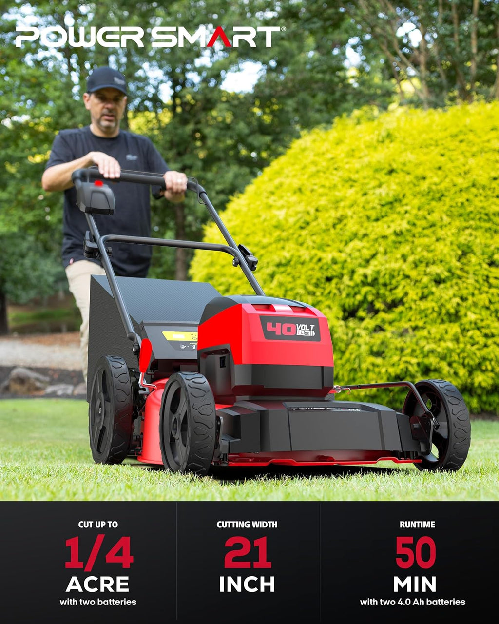 PowerSmart 40V 21' Cordless Lawn Mower, Up to 1/4 Acre, 2 x 40V 4.0Ah Batteries and a Charger Included, 6-Position Height Adjustment