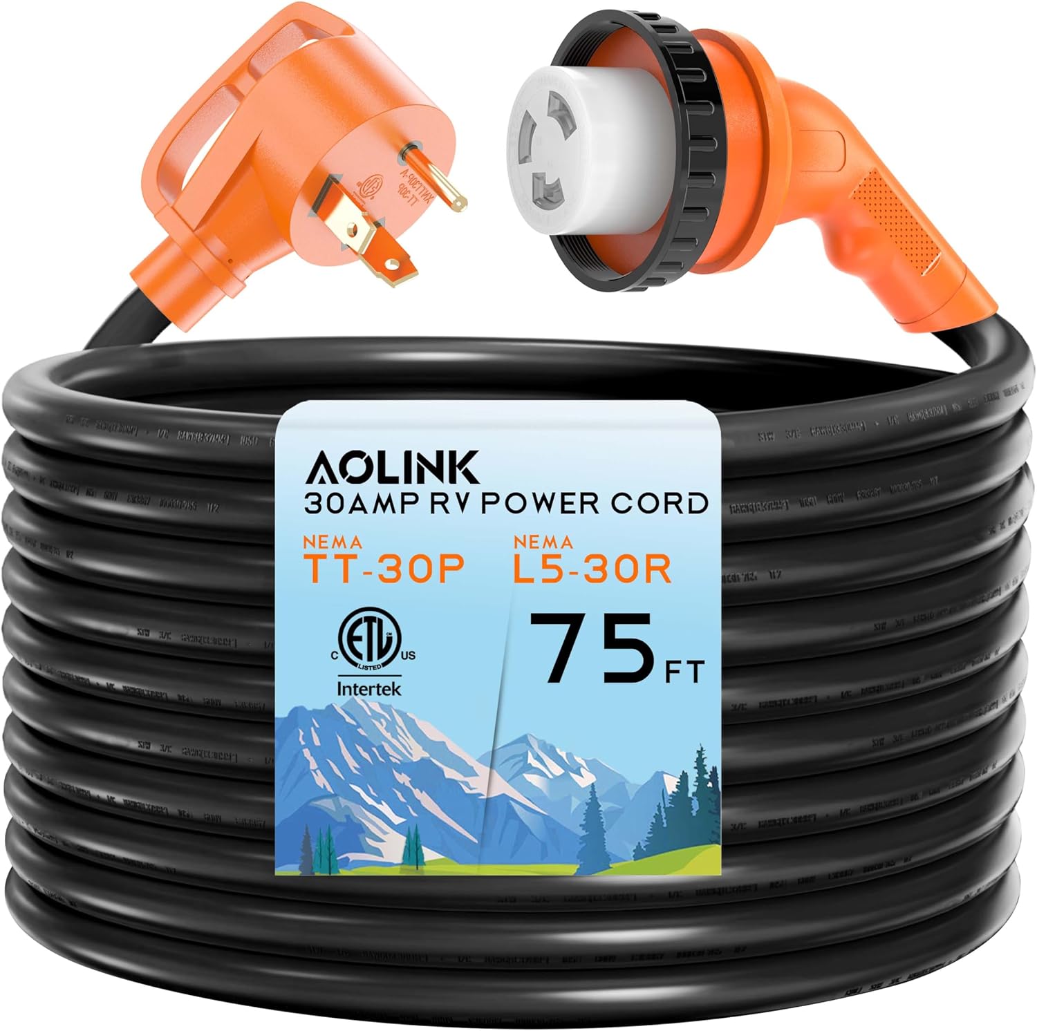 30 Amp 75 Feet RV Power Cord with 135° Designed Handle and Twist Locking Connector, Heavy Duty 10 Gauge STW Pure Copper Wire, NEMA TT-30P to L5-30R with Cord Organizer for RV Trailer Campers