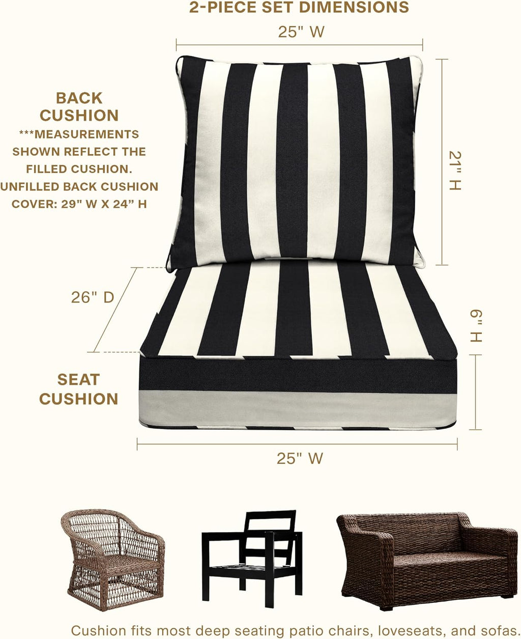 Honeycomb Outdoor Heritage Deep Seat, 25 x 26, Cabana Stripe Black & Ivory Chair Cushion with Removable Cover, for Patio Furniture