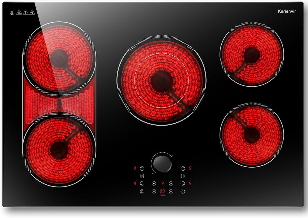 Electric Cooktop 30 Inch, 5 Burner Stove Top Burner 8600W, Built in 30 Inch Electric Cooktop, Magnetic Knob, Expanable Burners & BBQ, Timer, Safety Lock, 220V-240V Hard Wire (No Plug)