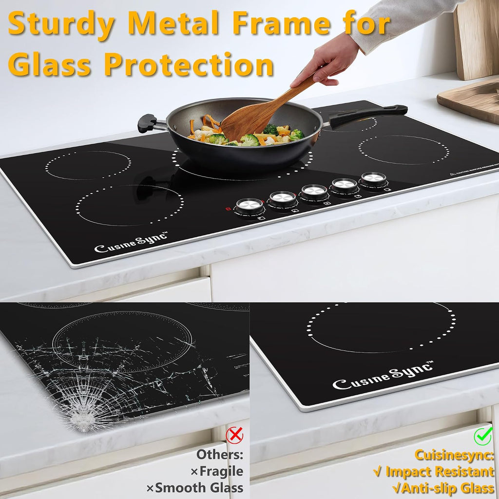 36 Inch Induction Cooktop, 5 Burner Electric Cooktop with 9 Power Levels, Knob Control, Auto shutdown and Residual Heat Warning, 9200W, 220-240V for Hard Wire