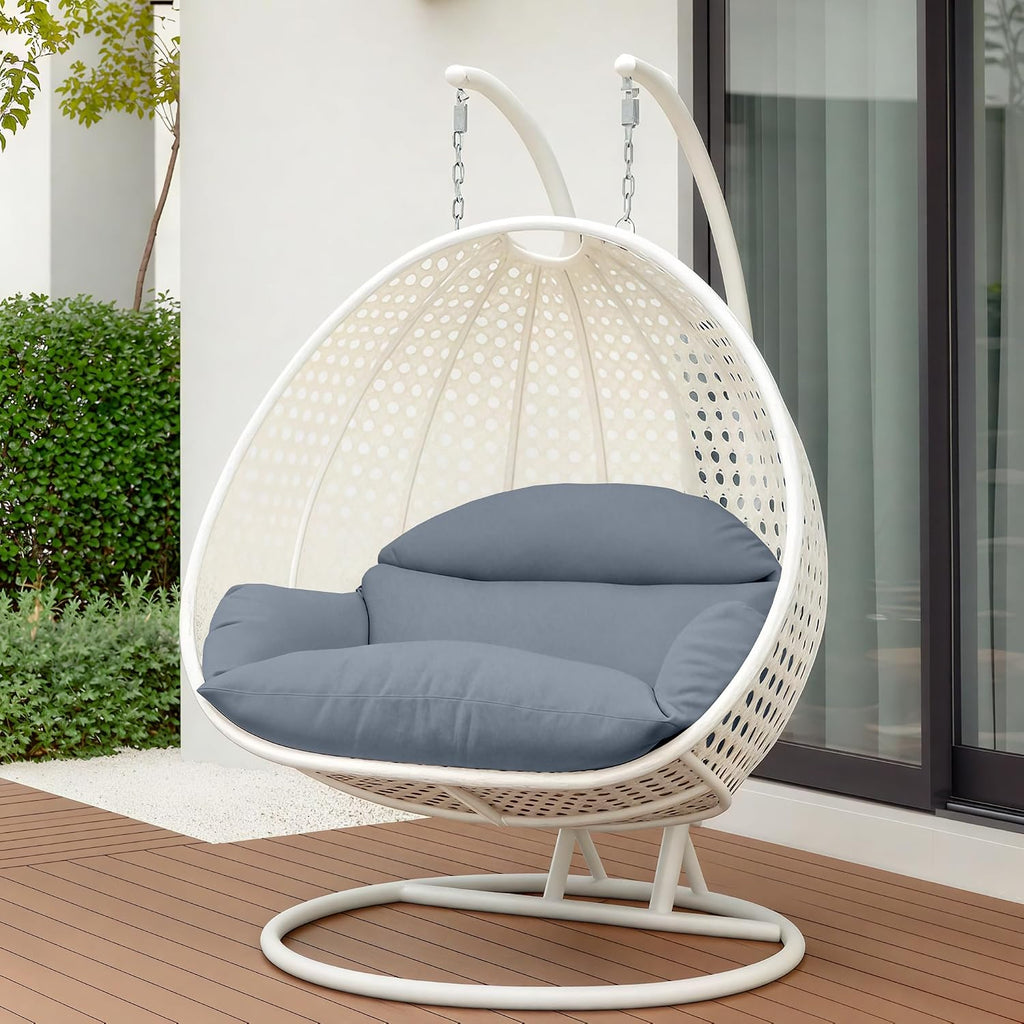 LeisureMod 2 Person Hanging Egg Chair, Indoor Outdoor Patio Lounge Swing with White Stand & UV-Resistant Cushions, Hammock Chair for Bedroom & Garden, Charcoal Blue