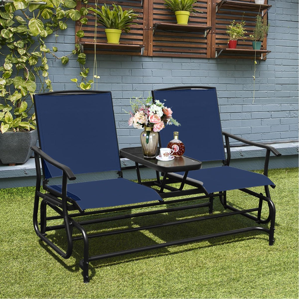 Giantex Outdoor Glider, Rocking Chair with Metal Frame, Center Tempered Glass Table, 2-Person Loveseat, Patio Glider Bench, Outside Swing Chair for Garden Yard Lawn Porch Patio Rocker (Navy)