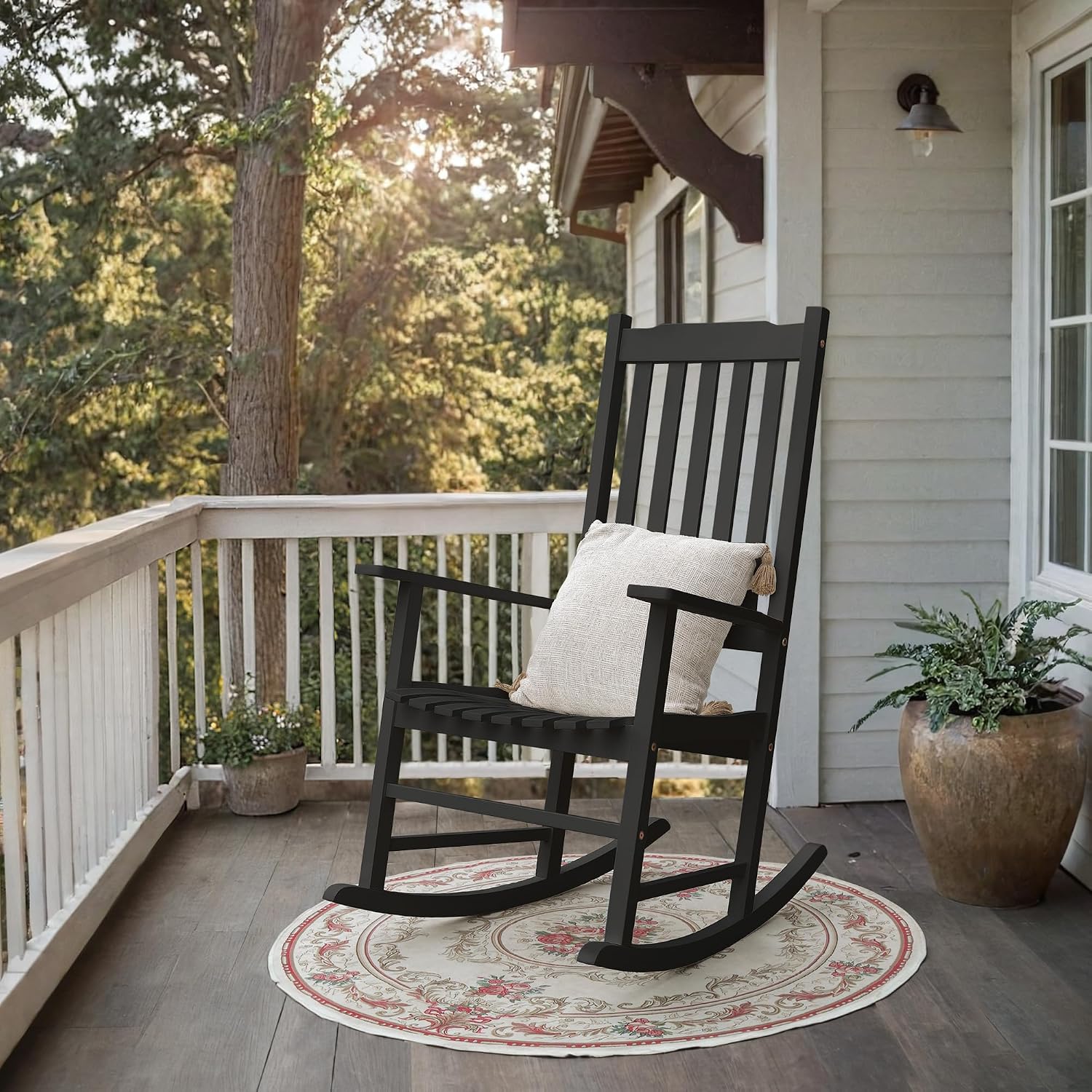 Greesum Outdoor Rocking Chair, Acacia High Back Oversized All-Weather Lounge Rocker with 320 lbs of Support for Patio, Garden, Deck, Porch,Black