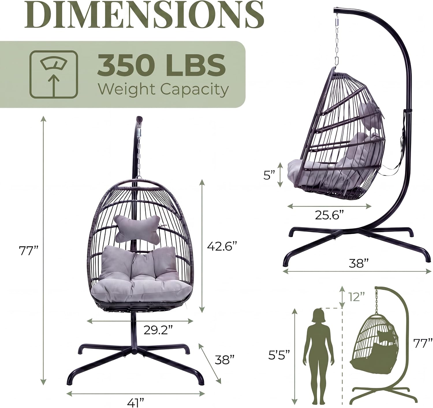 RADIATA Outdoor Self-Standing Egg Chair with Stand, 350Lbs Wicker Rattan Hanging Hammock Chair with Comfy Cushion, Single Eggshell Basket Swing Seat for Garden Balcony Bedroom Patio, Light Grey