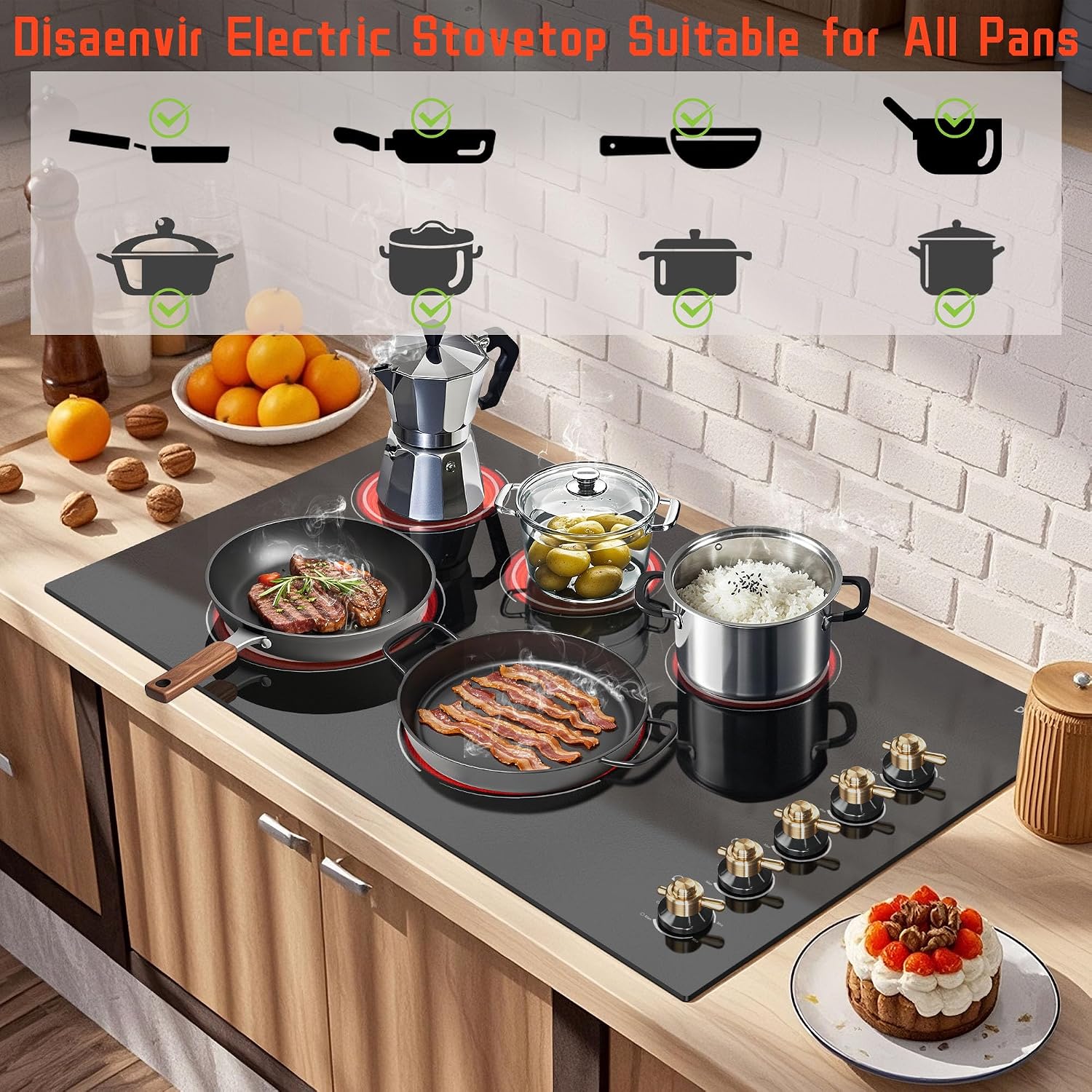 Electric Cooktop 36 Inch - 5 Burner Electric Stove Top with 8400W, 36 Inches Built-in(34.25'x19.3') Ceramic Stove with Dual Rings, Overheat Indicator, Knob Control, 220V - 240V Hard Wired