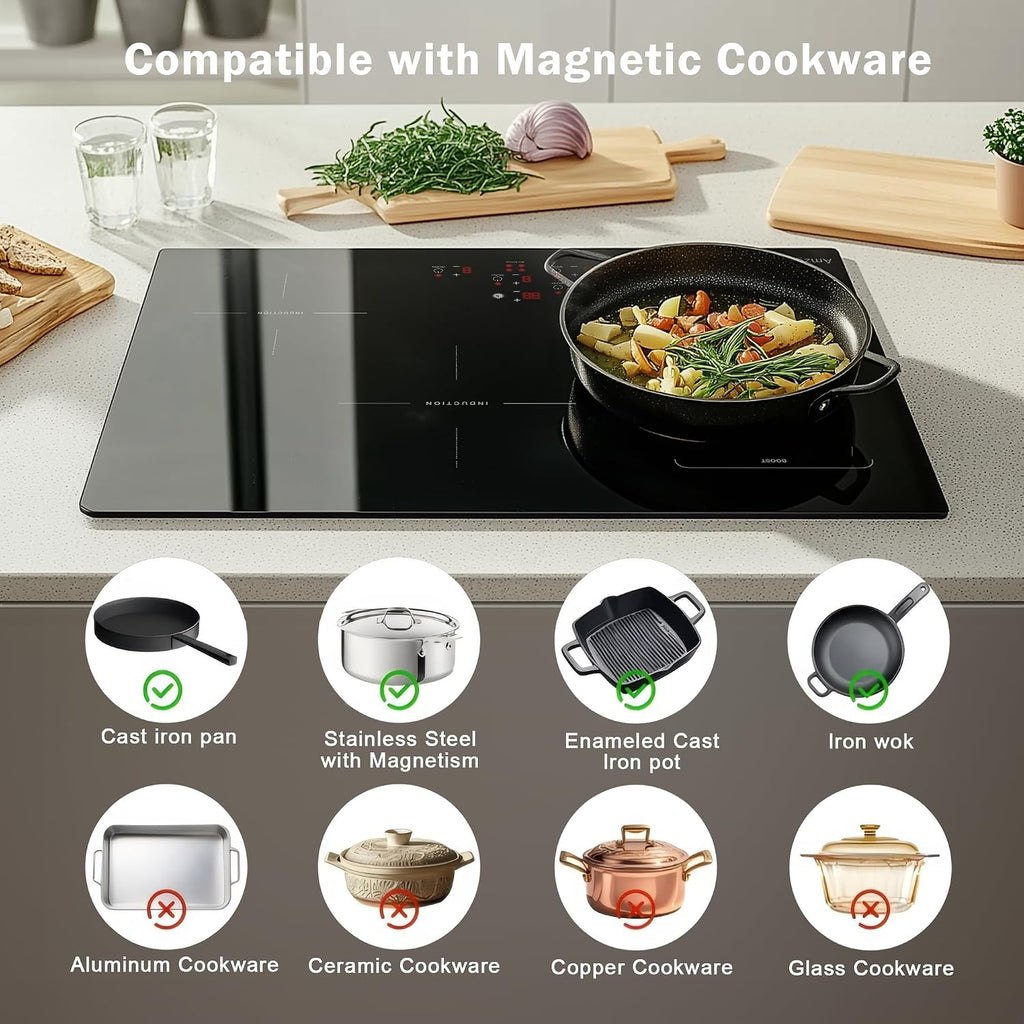 30 Inch Induction Cooktop - 4 Burner Built-In Electric Stove with Bridge-SYNC, Booster, Timer & Child Lock | 9000W 220-240V Hardwired, Black Glass Top