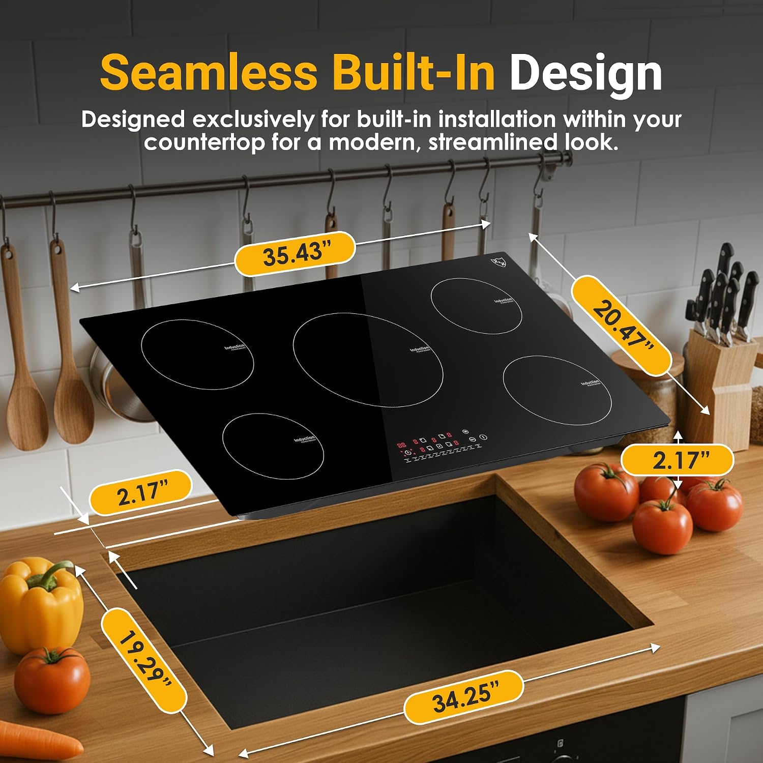 K&H 5 Burner Induction Cooktop - 36 Inch Built-In Electric Cermic Stove Top - 17 Heating Levels, 240V, 9200W High-Power Built-in Electric Stove Top - Child Lock, Timer & Touch Control - IN36-9205