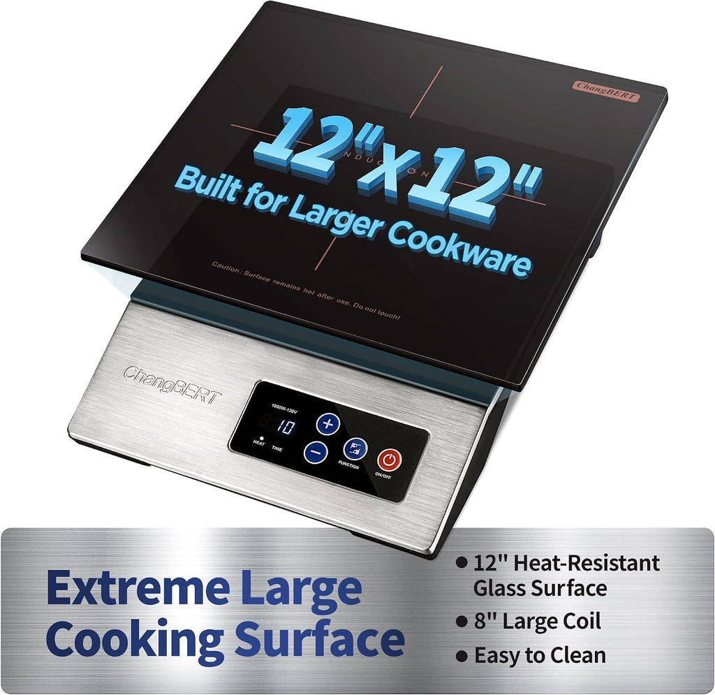 ChangBERT 1800W Commercial Grade Induction Cooktop, NSF Certified Portable Large 8' Heating Coil, 12' Heat Resistant Cooking Surface Premium Stainless Steel Pro Chef Professional Burner Hot Plate