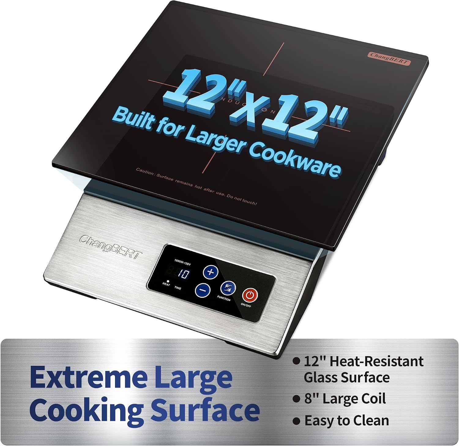 ChangBERT 1800W Commercial Grade Induction Cooktop, NSF Certified Portable Large 8' Heating Coil, 12' Heat Resistant Cooking Surface Premium Stainless Steel Pro Chef Professional Burner Hot Plate
