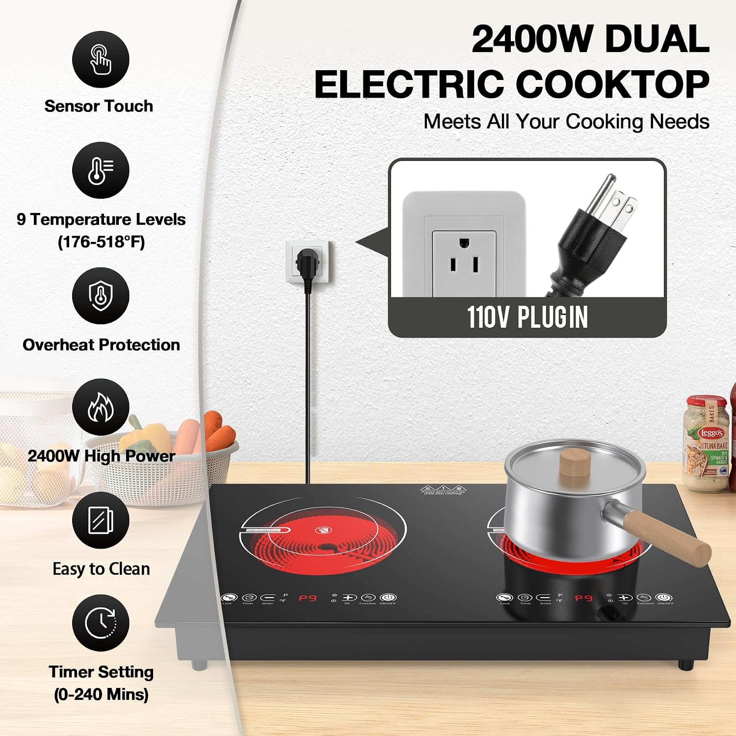 VBGK 2 Burner Electric Cooktop,110V 2400W Electric Stove Top with Touch Control,9 Heating Level,Timer & Kid Safety 2 burner cooktop.