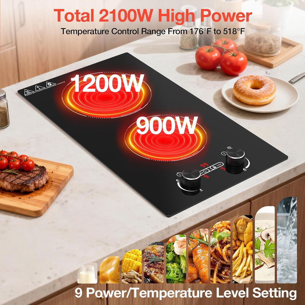 2 Burner Electric Cooktop, 12 Inch Built-in Ceramic Cooktop, 2100W Plug in Electric Stove Top with Knob Control, Keep Warm, 9 Heating Levels, Timer & Child Safety Lock, Over-Temperature Protection