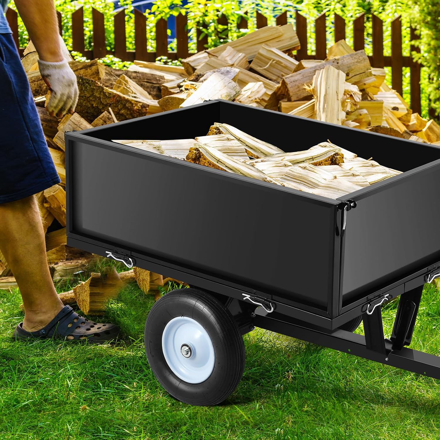 Garvee 500 LBS Load Capacity ATV Trailer Dump Cart, 11.4 Cubic Feet Heavy-Duty Steel Tow Behind Dump Cart with Removable Sides, Garden Utility Trailer for Lawn Tractor Mower, Black