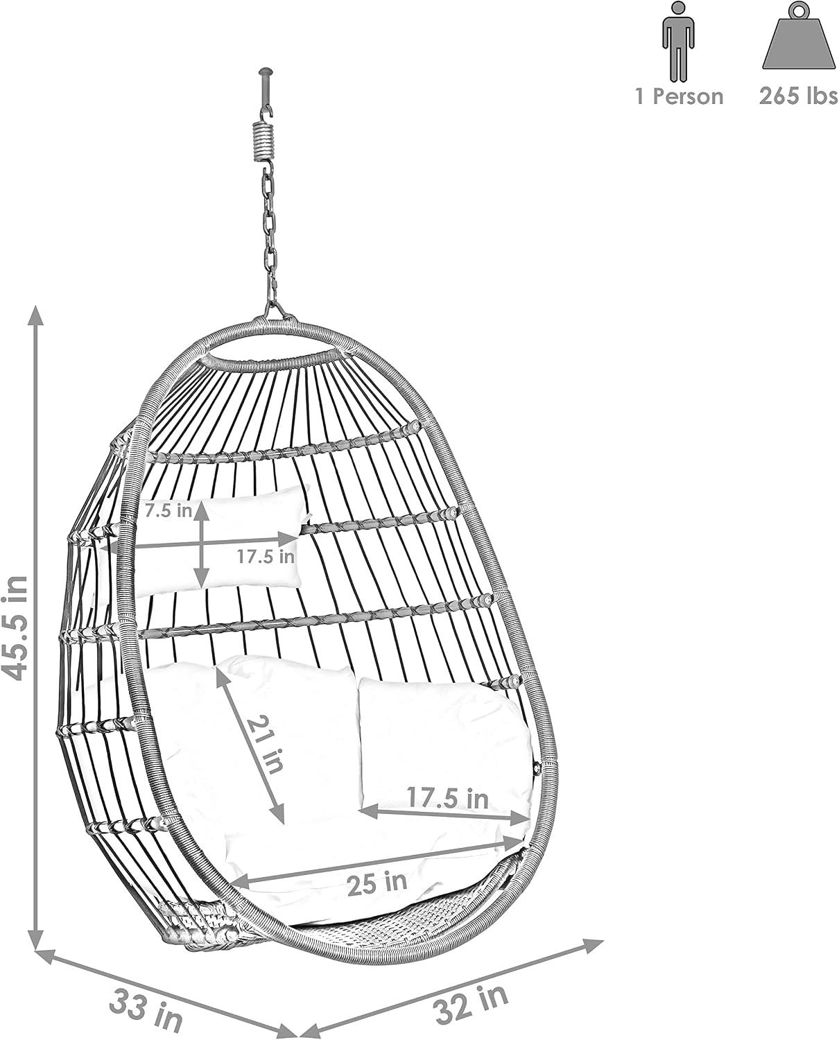 Sunnydaze Penelope Black Steel and Polyethylene Wicker Hanging Egg Chair with Cream Polyester Cushions - 45-Inch Tall