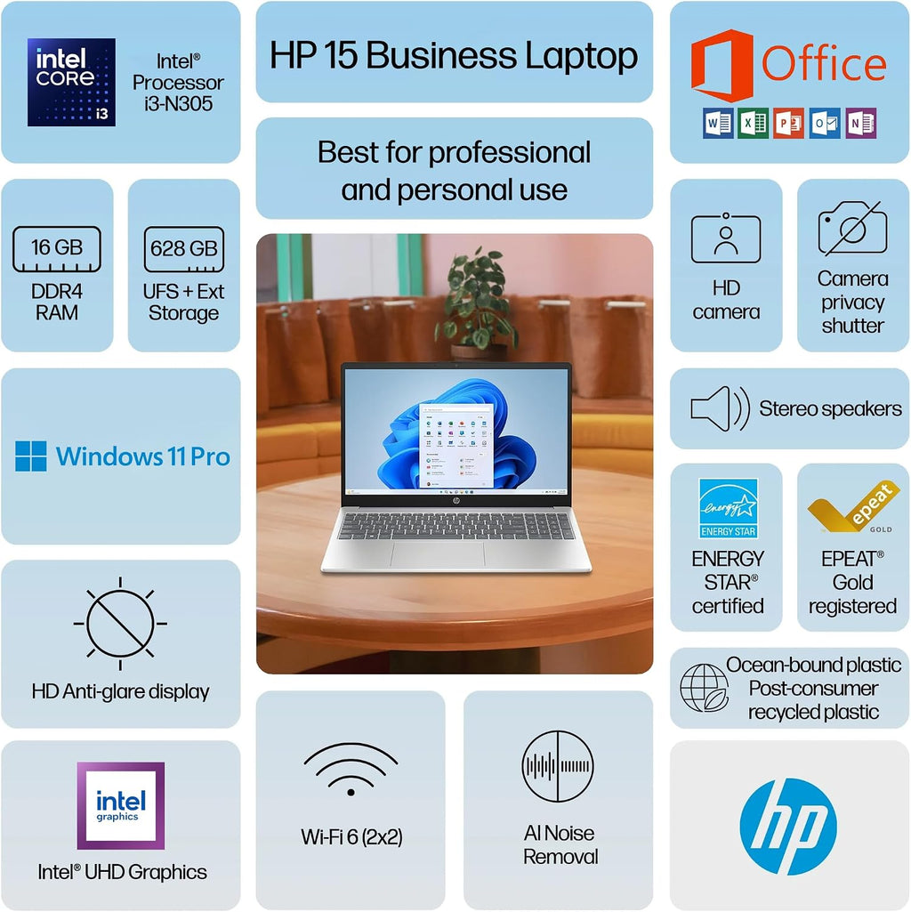 HP 15.6' Laptop Computer 2025-2026 Edition Student Business, Lifetime MS Office, 8-Core Intel i3 CPU, 16GB RAM, 628GB Storage (128GB UFS+500GB Ext), Wi-Fi 6, Long Battery, MarxsolAccessory, Win 11 Pro