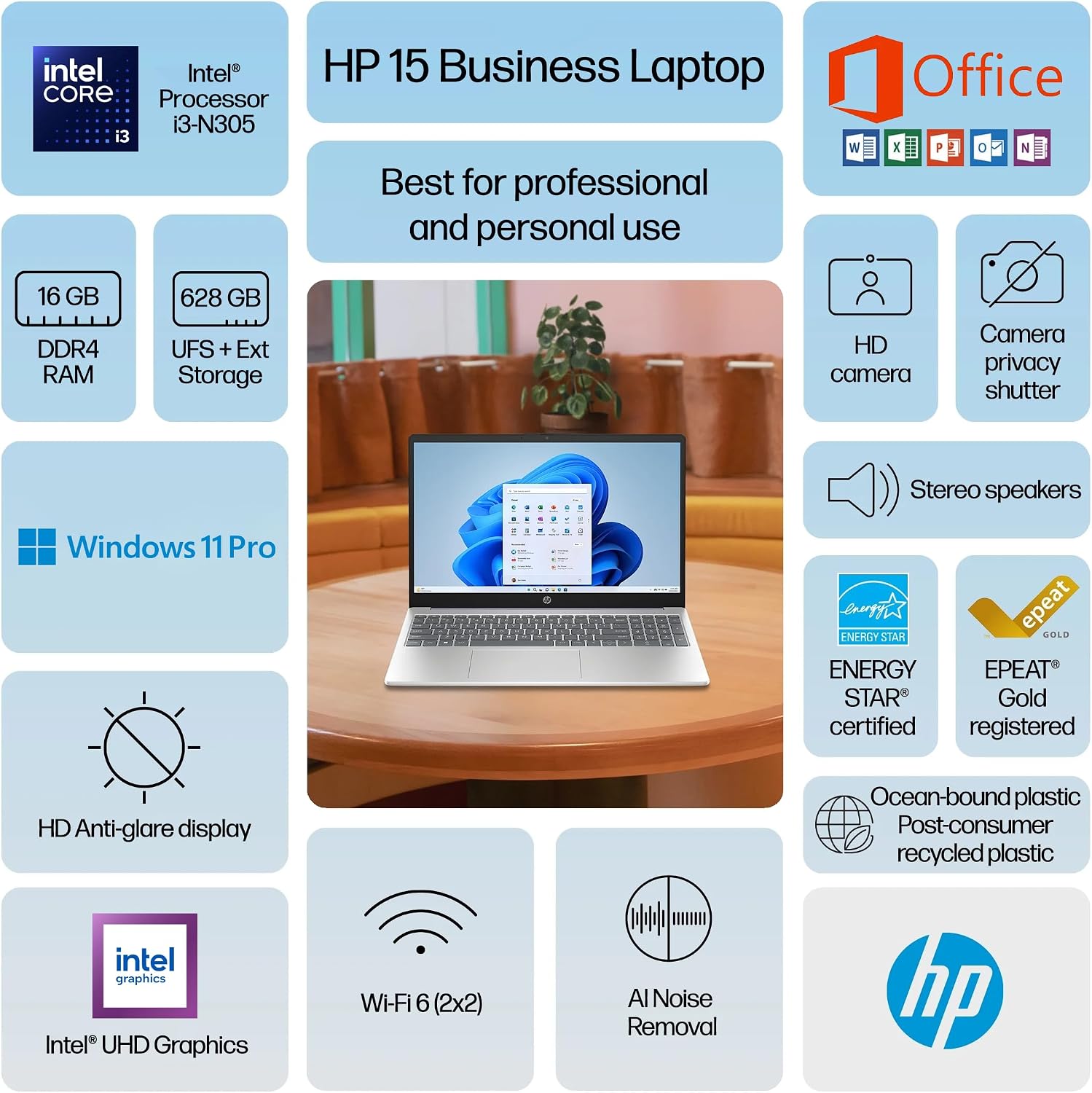 HP 15.6' Laptop Computer 2025-2026 Edition Student Business, Lifetime MS Office, 8-Core Intel i3 CPU, 16GB RAM, 628GB Storage (128GB UFS+500GB Ext), Wi-Fi 6, Long Battery, MarxsolAccessory, Win 11 Pro
