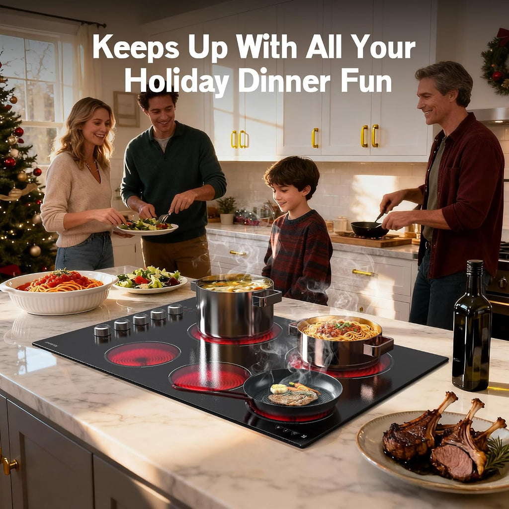 30 Inch Electric Cooktop 5 Burner Karienvir, 8600W Built-in Electric Stove Top, Cooktop 30' with Double-ring Burner, Knob & Touch Control, 9 Power Levels, Timer, Safety Lock, 220V-240V Hard Wire