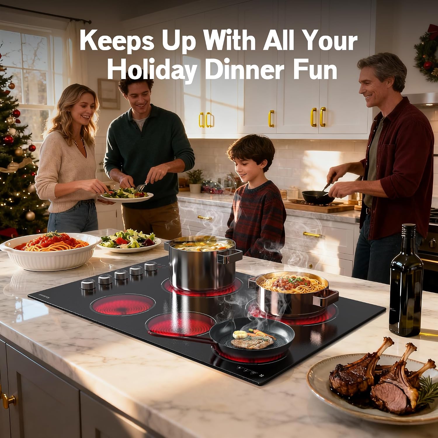 30 Inch Electric Cooktop 5 Burner Karienvir, 8600W Built-in Electric Stove Top, Cooktop 30' with Double-ring Burner, Knob & Touch Control, 9 Power Levels, Timer, Safety Lock, 220V-240V Hard Wire