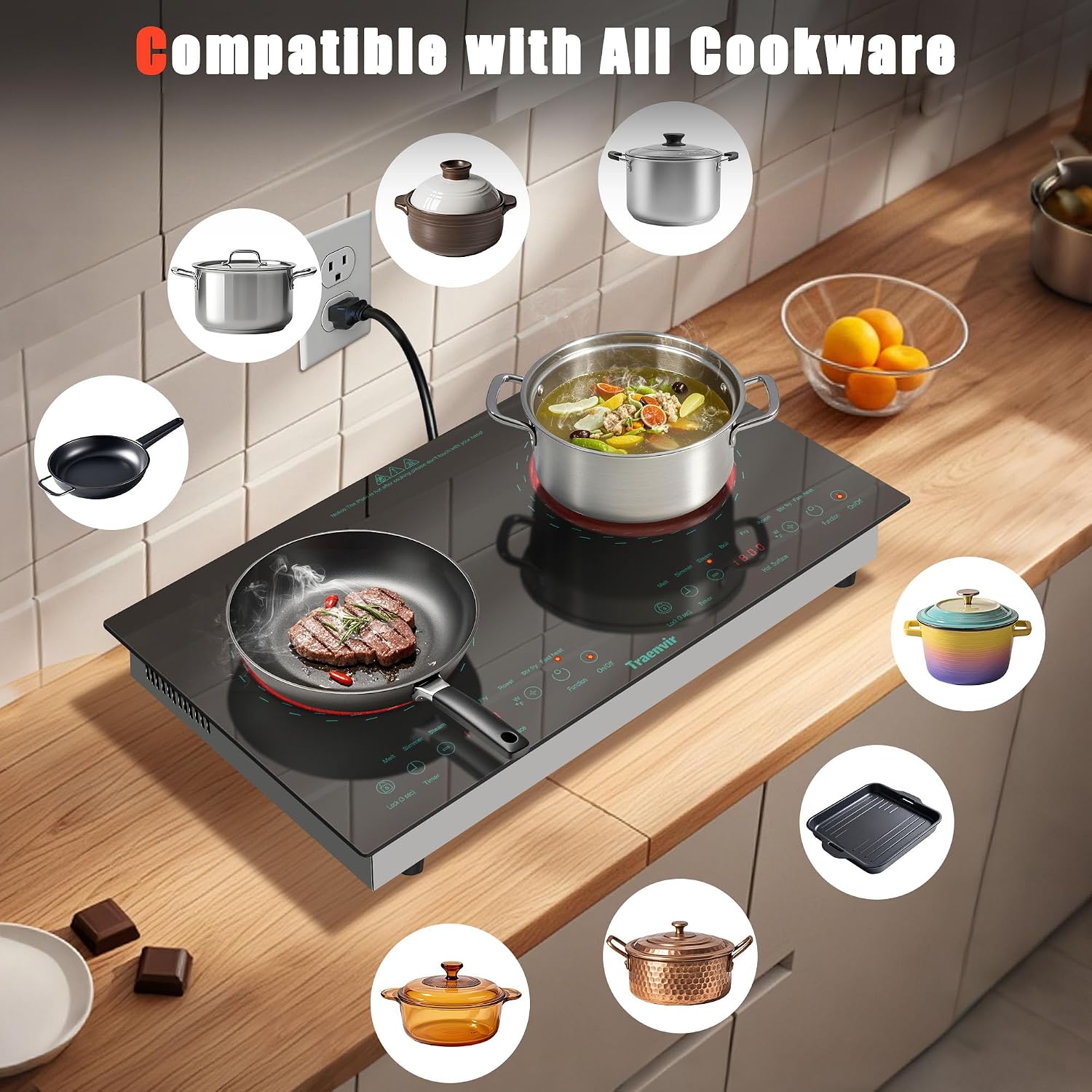2 Burner Electric Cooktop, 110V Two Burner Electric Stove Top 2000W, 24 Inch Countertop & Built-in Ceramic Cooktop for Camping, Outdoor, Dorm, RVs, Child Lock, Timer, 8 Power Levels, Green