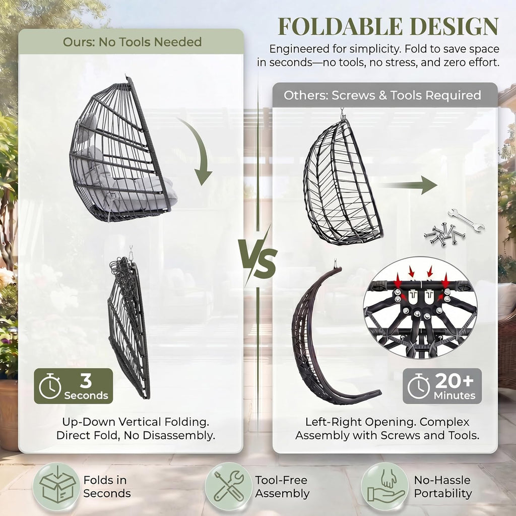 RADIATA Outdoor Self-Standing Egg Chair with Stand, 350Lbs Wicker Rattan Hanging Hammock Chair with Comfy Cushion, Single Eggshell Basket Swing Seat for Garden Balcony Bedroom Patio, Light Grey