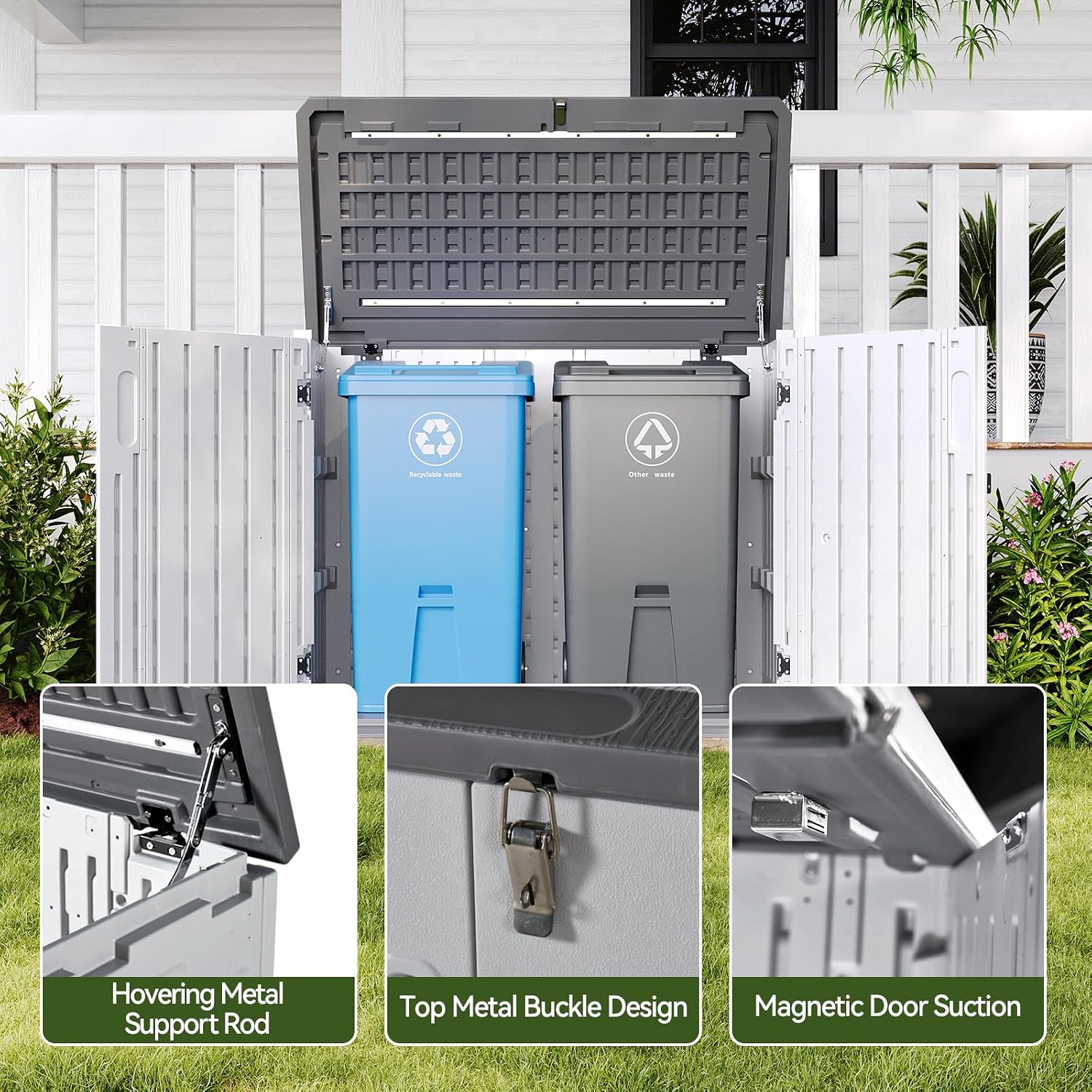 Aoxun Outdoor Storage Cabinet 35 Cu.Ft Resin Waterproof Horizontal Storage Shed for Garbage Bin, Generator, and Lawn Mower (White)