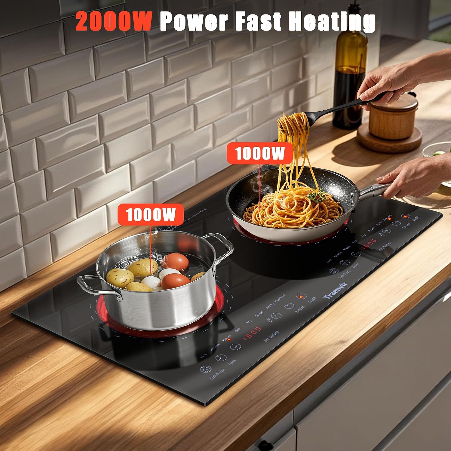 2 Burner Electric Cooktop, Two Burner Ceramic Cooktop 2000W, 24 Inch Countertop & Built-in Electric Stove top for Camping, Outdoor, Child Lock, Timer, 8 Power Levels, 110V-120V Plug in, Blue