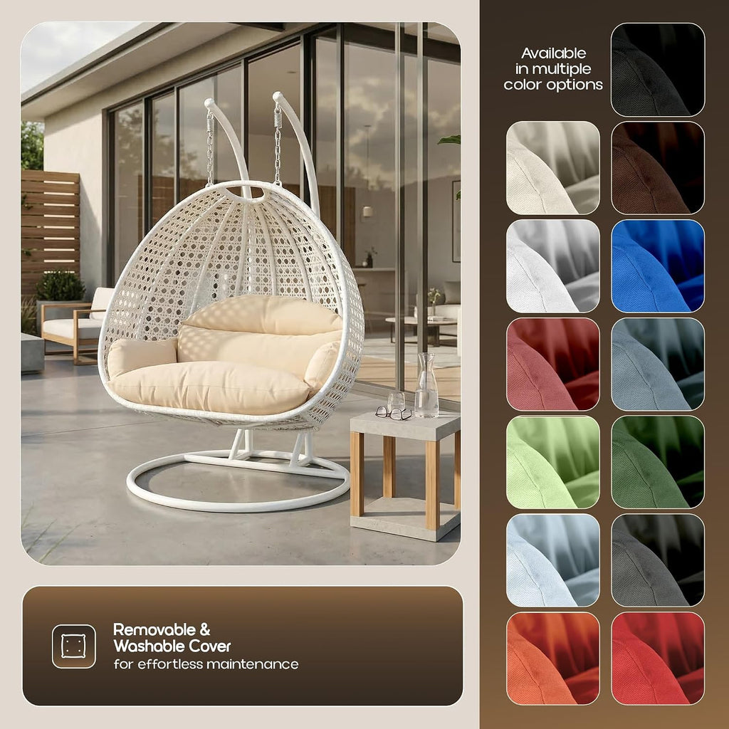 LeisureMod 2 Person Wicker Egg Chair Outdoor Indoor Bedroom Patio Hanging Lounge Swing Hammock Chairs with White Stand and UV Resistant Cushions (Cream)